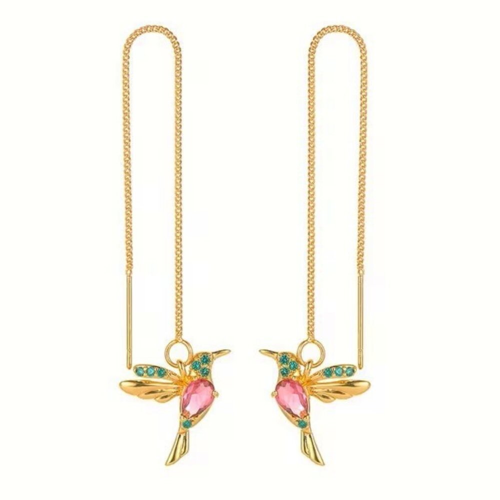Hummingbird Earrings Bird Chain Dangle Colorful Glam Whimsical Sytlish Trendy